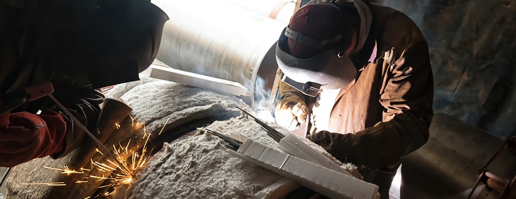 two welders pre heating pipe welding